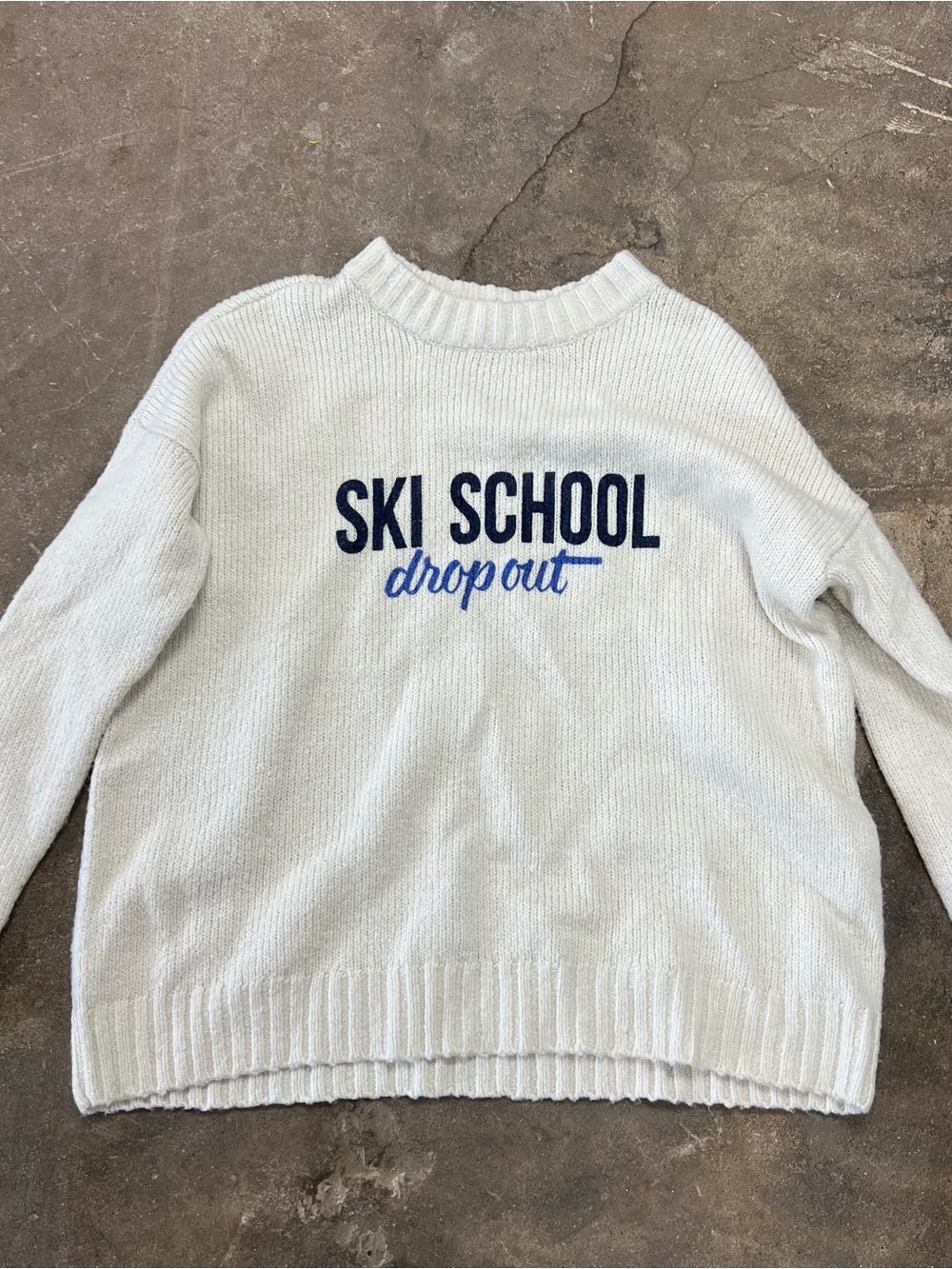 Aerie AEO White 'Ski School Drop Out' Knit Sweater Pullover Top OBO Blue